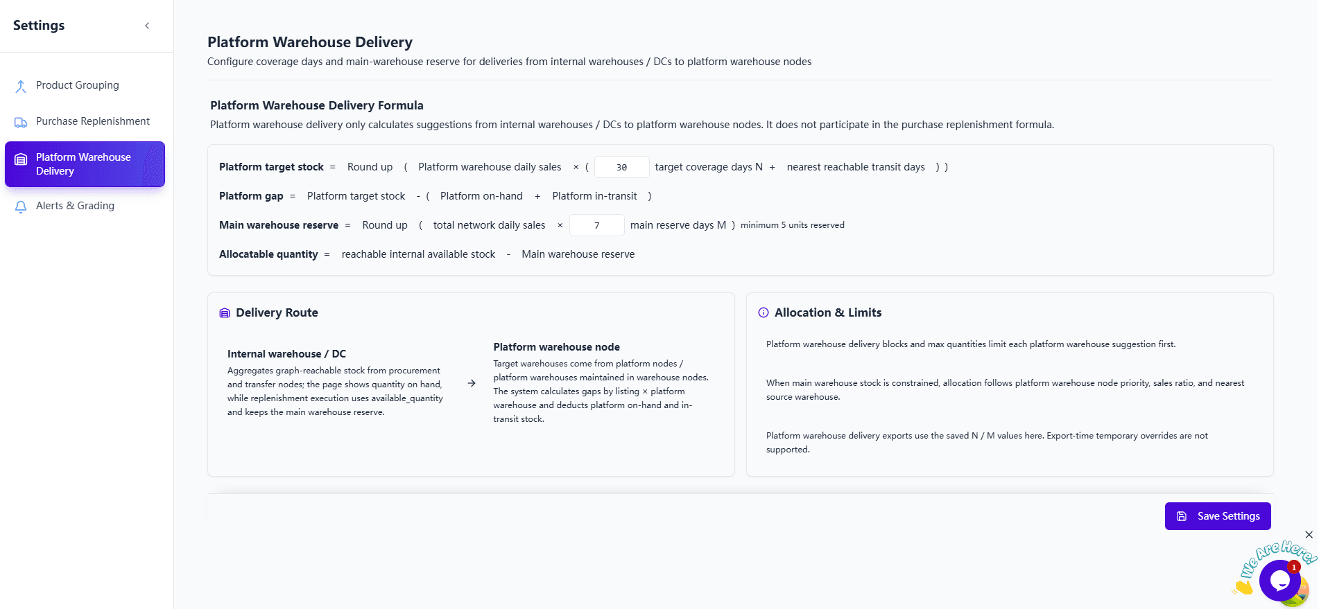 Platform delivery formula, route, reserve, and allocation settings