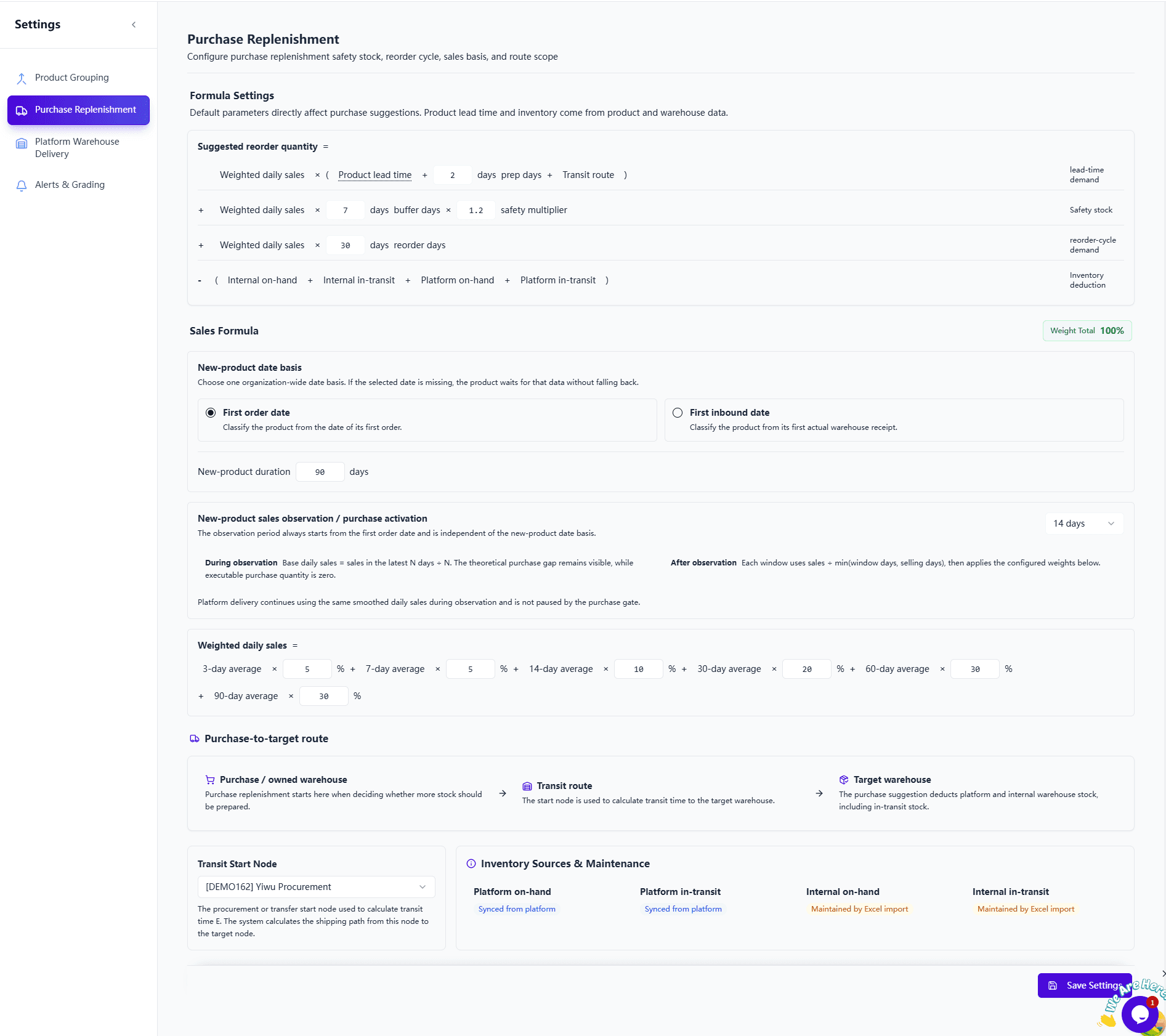 Purchase replenishment formula and weighted-sales settings