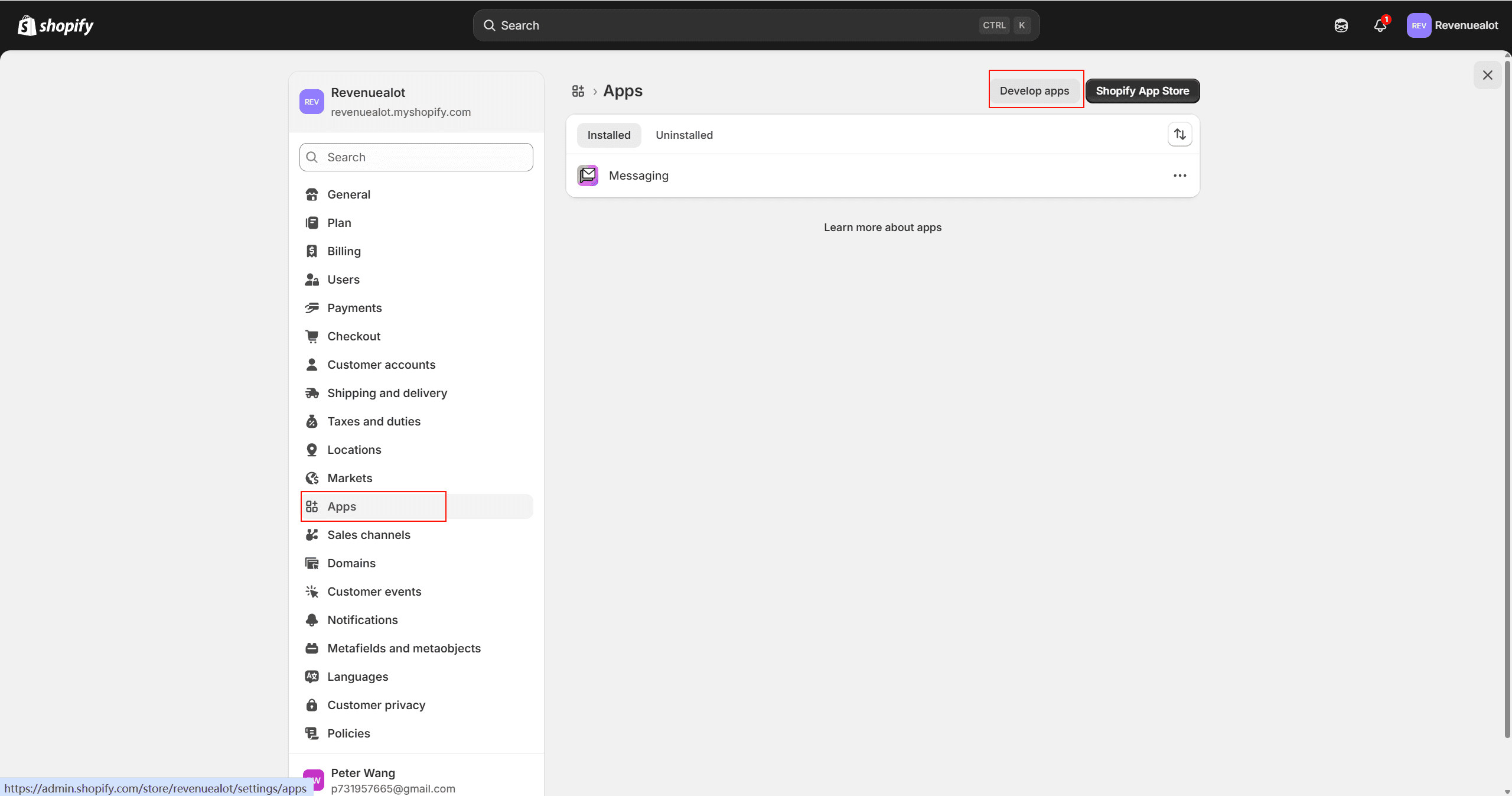 Shopify Admin - Settings - Apps