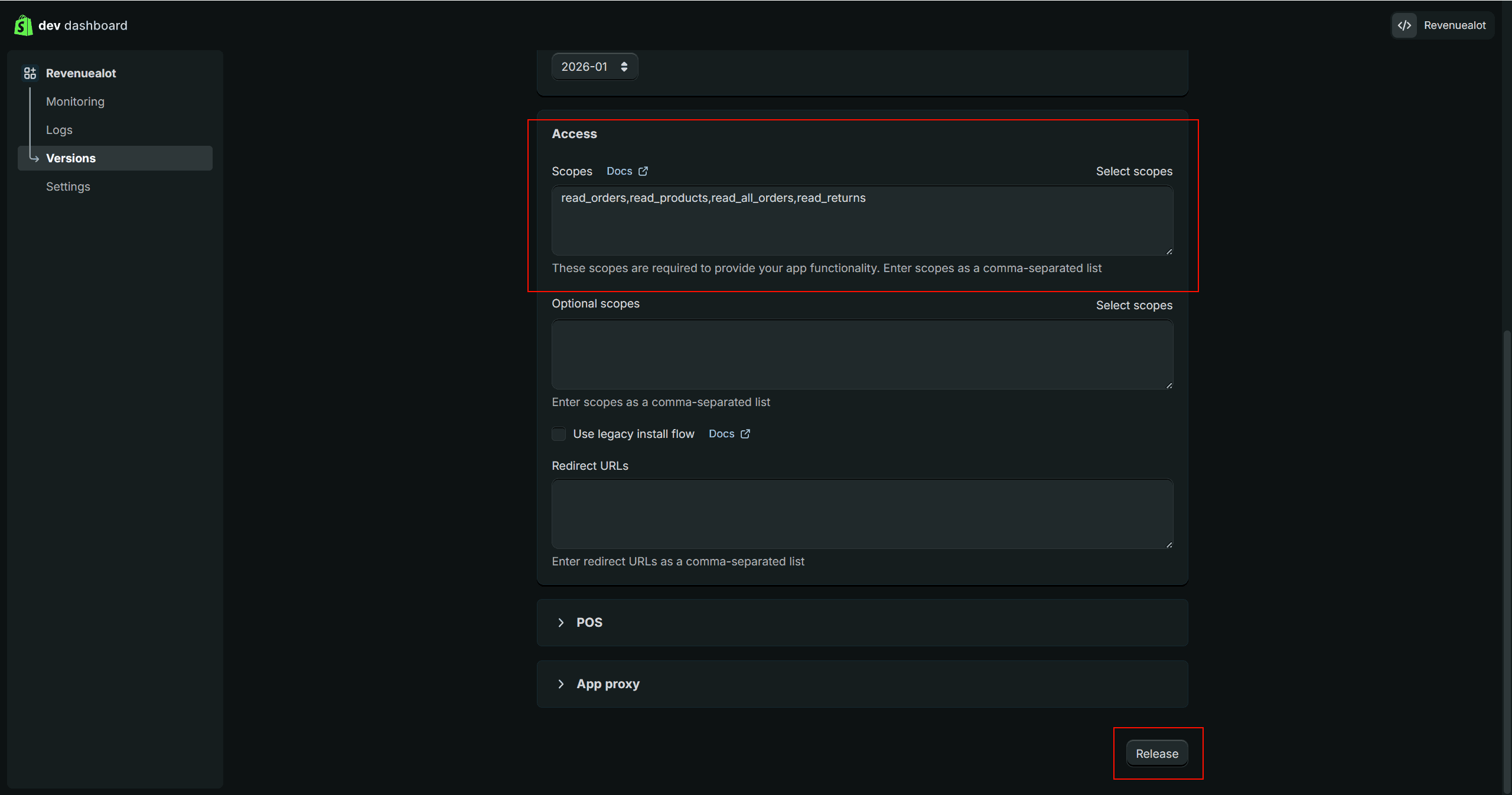 Configure scopes and release