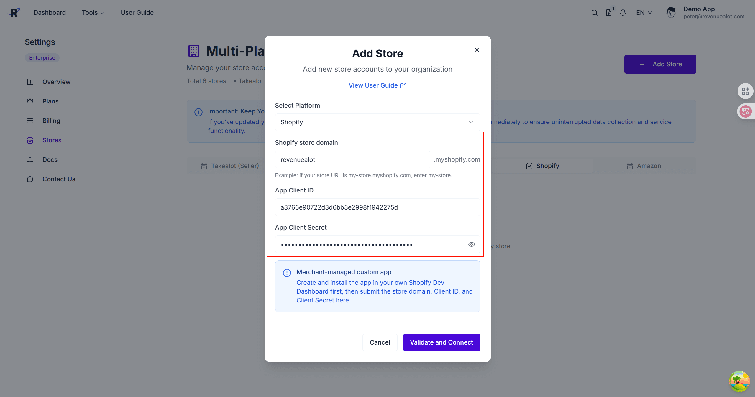 Revenuealot Shopify connection form