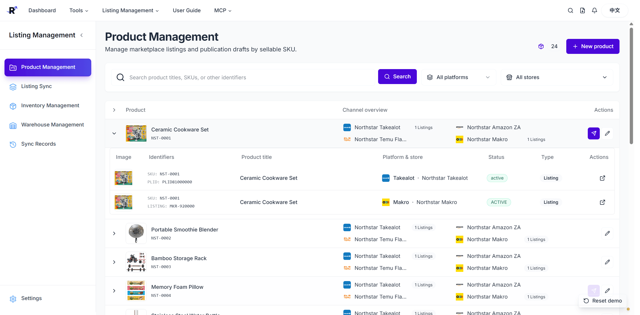 Product Management list with search, platform and store filters, and expanded channel Listings