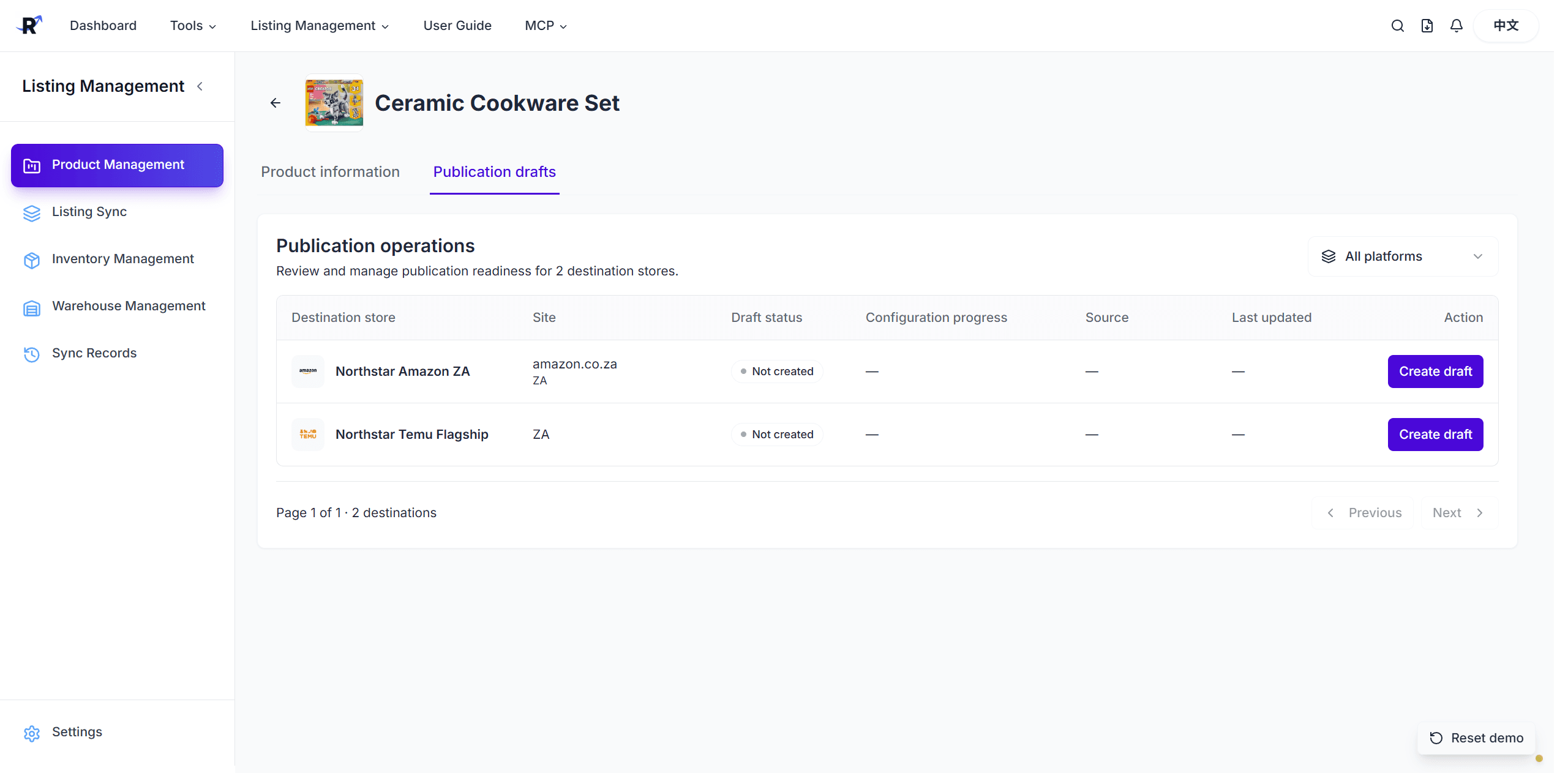 Publication draft management table for Amazon and Temu destination stores