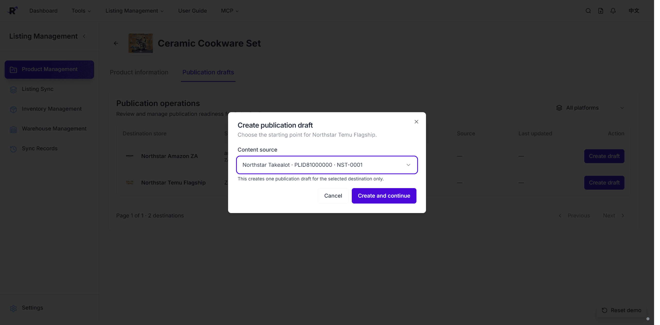 Create publication draft dialog with an eligible Takealot source listing selected