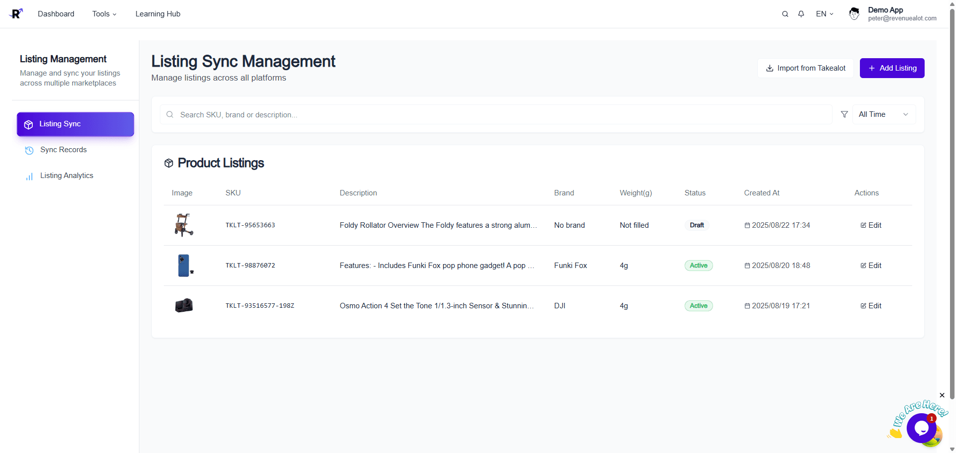 Sanitized Revenuealot Listing Sync product workspace