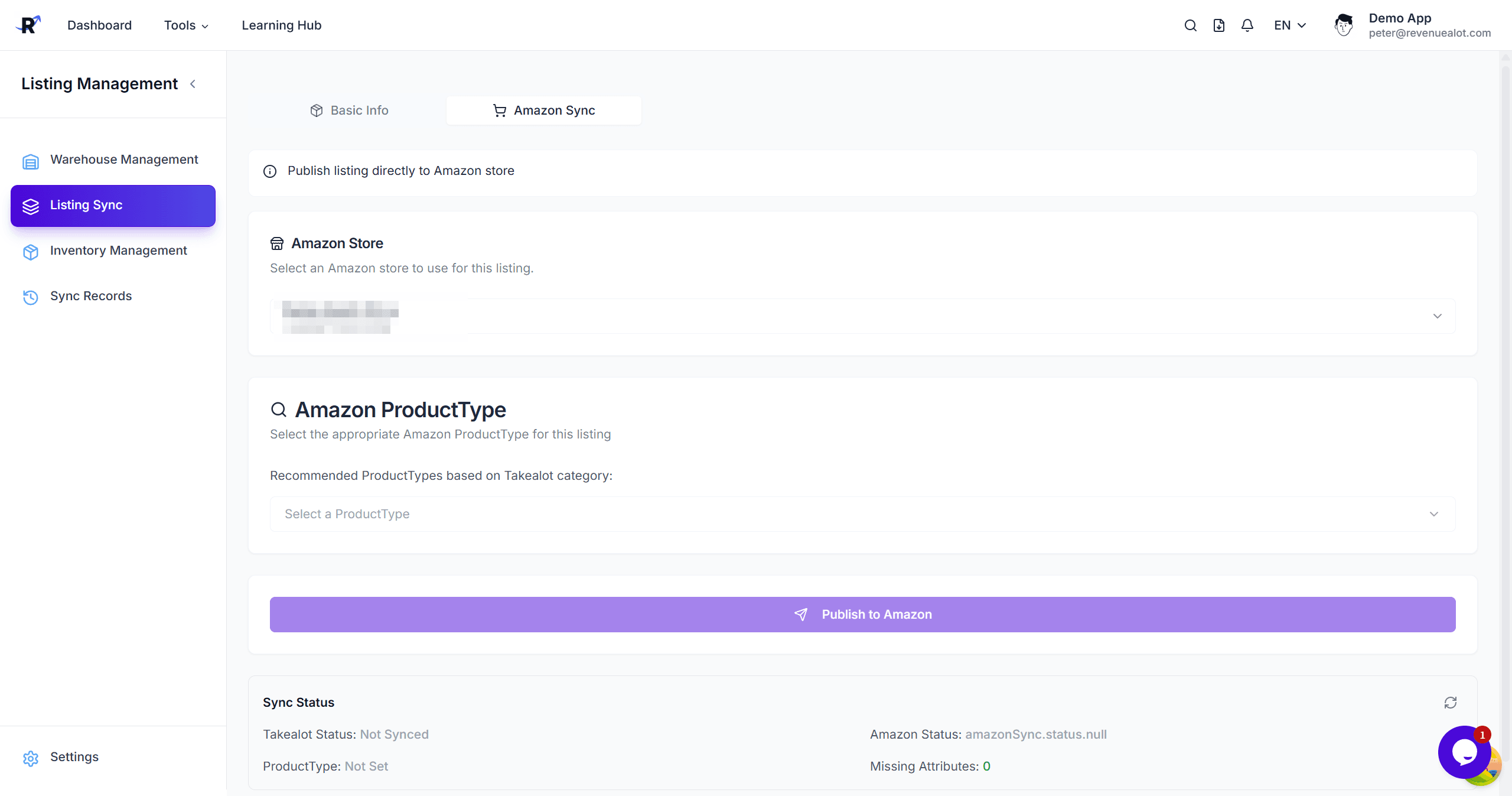 Amazon Listing Sync Page