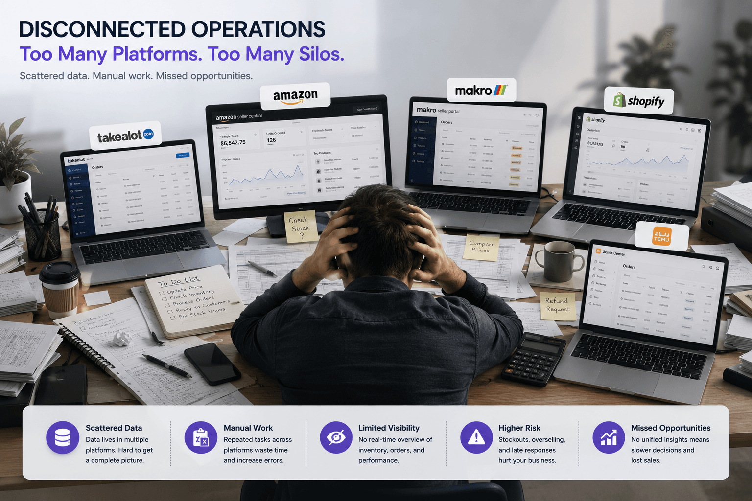 A marketplace command center connecting Takealot, Amazon, Makro, Shopify and Temu to one decision layer